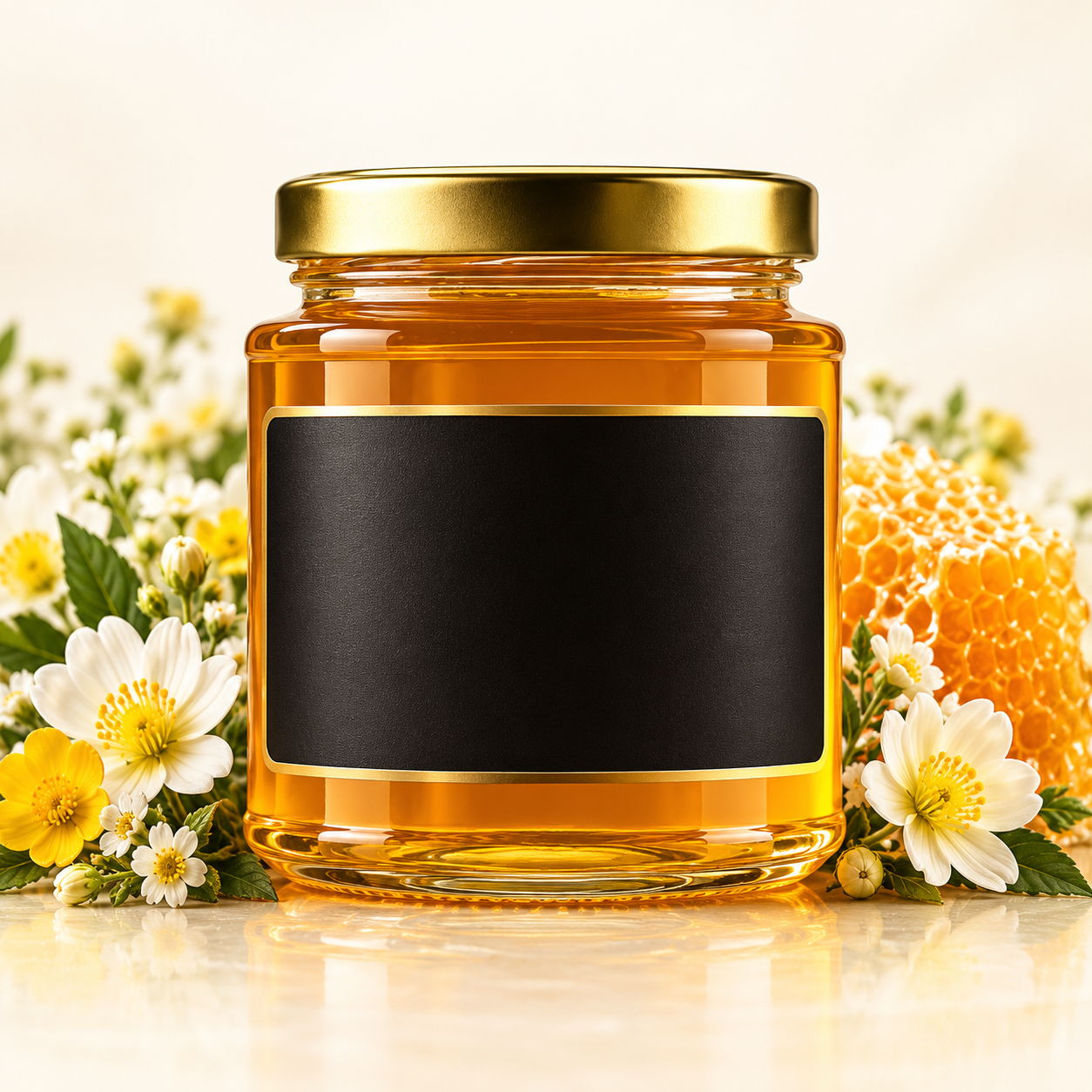 Mix Flowers Honey jar among wildflowers and honeycomb